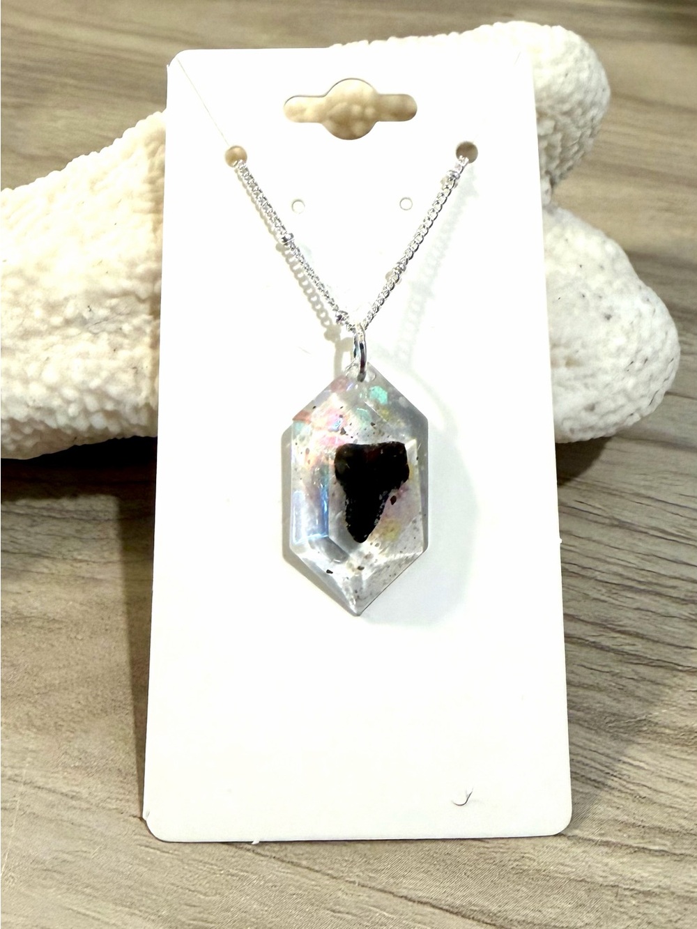 105.Iridescent Resin Pendant Necklace with beach sand and a sharks tooth